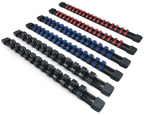 ACEBON 6-tlg Aufsteckschienen-Set für Steckschlüssel-Einsätze | mit 86 Clips | für Einsätze 6,3 mm (1/4), 10 mm (3/8), 12,5 mm (1/2), Steckschlüssel-Organizer