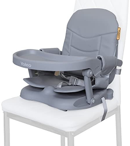 YOLEO Seggiolone Pappa, Portatile Rialzo Sedia Bambini per 6-36 mesi, Seggiolino per Bambini Regolabile con Chiusura Compatta e Vassoio Rimovibile, per uso Interno/Esterno (Grigio con Cuscino)