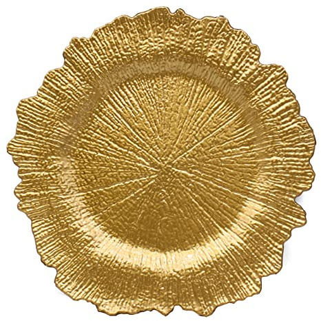 Brightalk 6Pcs Reef Charger Plates, Plastic Dinner Plate Chargers Round Server Ware, Gold
