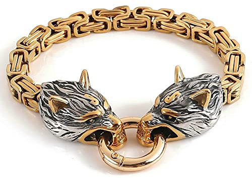 PBTMCD Wolfskopfmanschette für Herren Armband, Odin Wolf - Geri und Freki Rostfreier Stahl Punk-Biker Handgelenkskette Königskette Fenrir Wikinger Amulett Schmuck mit Federringverschluss,Gold,19cm