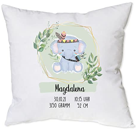 minimutz Kissen zur Geburt mit Namen personalisiert | Motiv Elefant Boho mit Geburtsdaten 40 x 40 cm | Geschenk Geburt Taufe Deko-Kissen für Baby-Zimmer Seegrün inkl. Füllung
