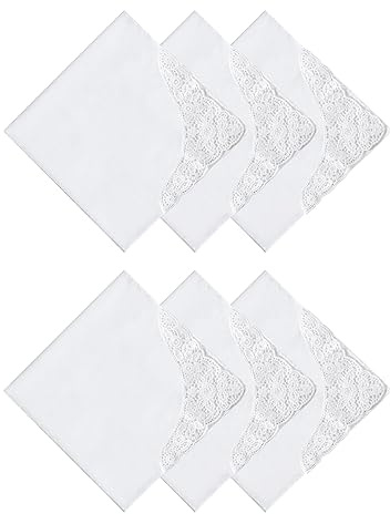 HOULIFE Taschentücher Hochzeit – Kleine Stofftaschentücher Damen, Taschentuch Hochzeit aus Gekämmte Baumwolle Weich Weiße Blumen Stickereien mit Spitzen, 35x35cm (Weiß 2, 6 Stücke)