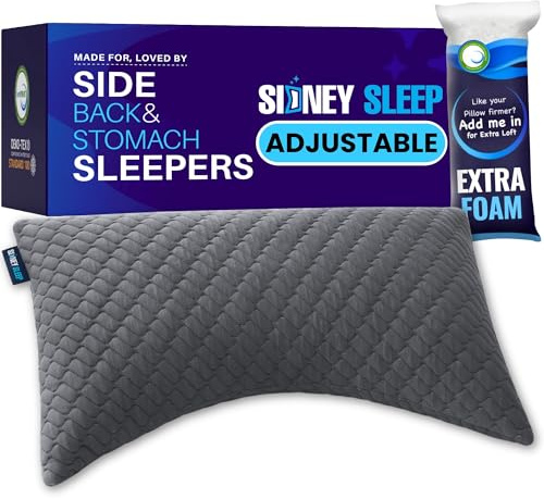 Sidney Sleep Adjustable Curved Pillows for Neck and Shoulder Support with Extra Shredded Fill - Cervical Contour Pillow for Side and Back Sleepers - Queen Size 19 x 29 CertiPUR-US Certified (Grey)
