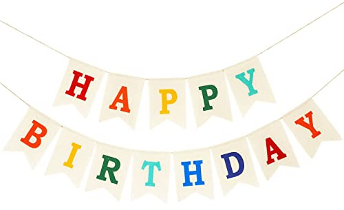 Burlap Happy Birthday Banner, Assembled Birthday Banner Sign Garland for Colorful Birthday Party Decorations