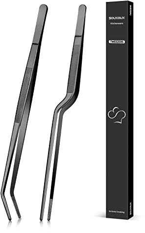 30cm Kochpinzette und Gebogene Pinzette, Präzisionszahnspitzen, Professionelle Küchenwerkzeuge aus Edelstahl zum Grillen, Plattieren und Servieren Schwarz