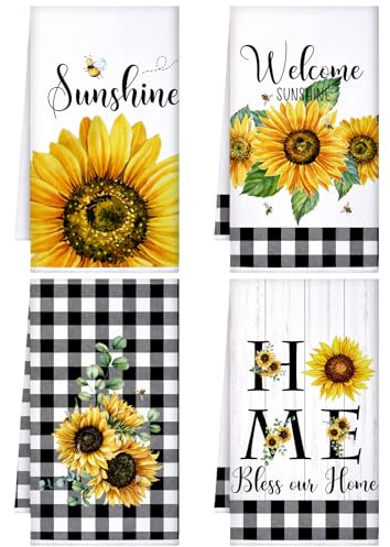 Bencailor 4 Toallas de Mano de Cocina de Girasol Paños de Platos de Verano Mar Playa Floral Vaca Paños de Cocina de Secado Rápido Decoración de Cocina Limpieza (Clásico, Girasol)