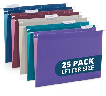 Blue Summit Supplies 25 Jewel Tone Hanging File Folders Letter Size with Tabs, Reinforced Hanging File Folders Jewel Tone, Includes Plastic Tabs and Inserts