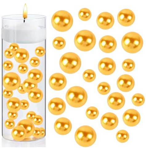 NOLACE Faux Perle 150 Perles Flottantes Perles 10/14/20MM pour Remplissage de Vase Perle Brillante Sans Trou Tailles Mixtes Perles en Vrac en Plastique, pour Bijoux DIY (Or)