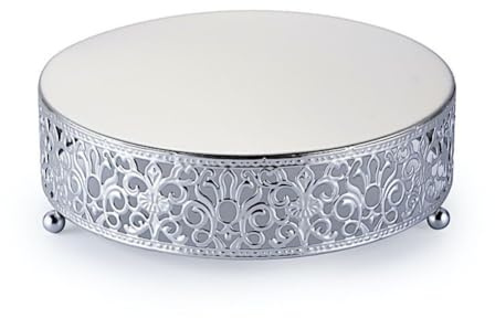 Round Lace Metal Wedding Cake Stand Dessert Display Stand Glossy Metallic Finish 20cm (Silver)