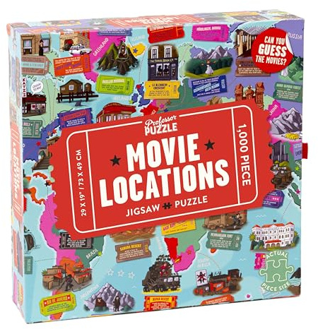 Professor Puzzle Movie Locations Jigsaw Puzzle | 1000 Piece Film Trivia Puzzle Game | Guess 50 Iconic Movies from Illustrated Clues & Ticket Stub Hints | Includes Poster, Answers & Pop-Up Sorting Box