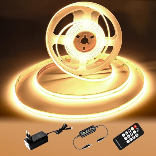 luktix Tira LED COB 5M, 3000K Tira LED blanca cálida, 24V Tira de luces LED Regulables, CRI92, 8 mm de Ancho, con Control Remoto y Fuente de Alimentación, para Decoración del Hogar, Cocina, Espejo