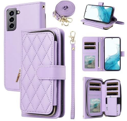ELISORLI Wallet Case for Samsung Galaxy S22 5G with Wrist Strap, Crossbody Shoulder Strap,9+ Card Slots Zipper Purse,Luxury PU Leather Stand Cell Phone Cover for S 22 22S 4G G5 6.1 inch Women Purple