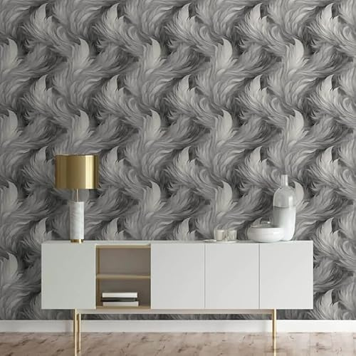 SOPHIE LAURENCE Plumes Feather Black Wallpaper - Elegant White Feathers with Metallic Shimmer, Washable, Easy Paste The Paper, 0.53m x 10.05m Roll, Perfect for Any Room