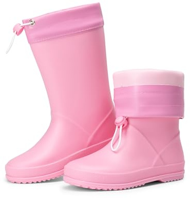 DREAM PAIRS Kids Stivali da Pioggia con Cordoncino Regolabili Stivali da Pioggia in Gomma Leggera Antiscivolo per Ragazzi e Ragazze,Size 33.5,Rosa,SDRB2401K