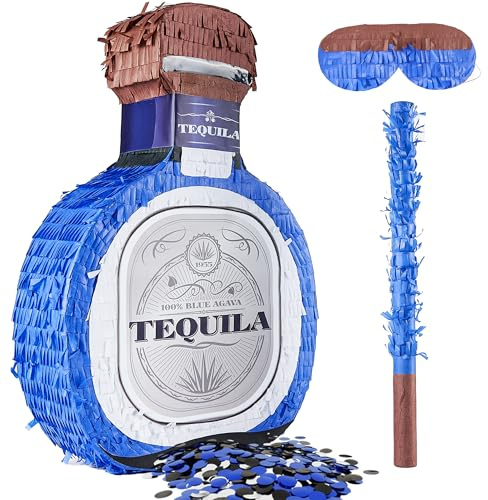 Adult Tequila Piñata with Blindfold, Confetti, and Wood Stick, Funny Piñata for Adults,21st, Mexican Theme Party Decorations(16 x 12 x 3.5 Inches)