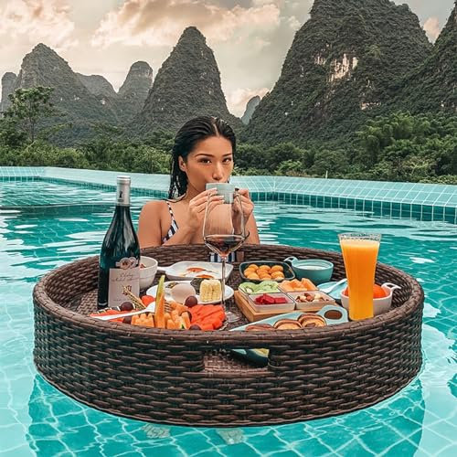 Round Floating Tray Drink Float Tray - Brown Woven Hot Tub Side Table for Drinks and Breakfast, Multipurpose Water Tray, 80 * 20Cm - Black.