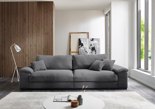 möbelando Big-Sofa >Adriena< aus 100% Polyester in dunkelgrau, mit Nosagunterfederung + Polyätherschaum + Daune, Metallfüße in Schwarz Matt Gepulvert - 323x90x177 (BxHxT)