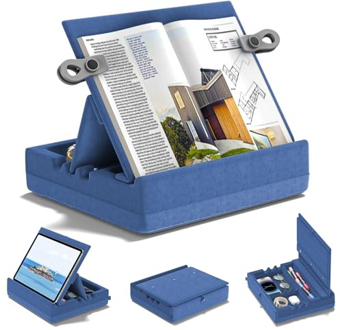 KDD Support Livre avec Rangement, Coussin Porte de Livres à Angles Multiples, Coussin Tablette pour Genoux, Lit et Canapé, Support Tablette Pliable avec Organisation pour ipad, Lecteur, Bleu