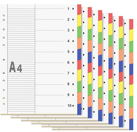 10 delar register för mapp A4, 6 mappar skiljeark DIN A4, återvinningsbar kartong 11 hål praktiskt försättningsblad av robust papper för märkning, mapp index 5 färger för mappar, mappar, mappar