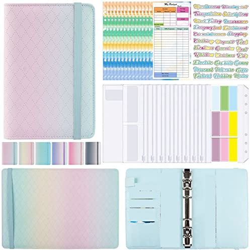 Jeenuuder A6 Gradient Macaron Binder Hand Ledger Notebook PU-Leder Buch mit mobilen Blättern Cash Budget Book mit Reißverschluss Tasche, Grün Rosa
