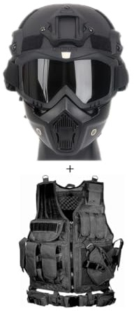 Casque Et Masque Mich Airsoft avec visière Anti - Buée Amovible Masque Tactique Complet De Protection, Gilet Tactique Réglable Outdoor Ultra Léger Et Respirant Training Airsoft Vest Kit
