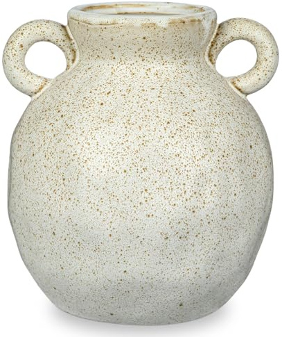 Hollyone Vintage Vase 21 cm Keramikvase mit Griffen Boho Blumenvase Beige Rustikale Bauernhaus Vase Deko für Blumengesteck Wohnzimmer Tisch Fensterbank