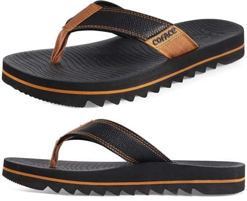 COFACE Men's Flip Flops With Arch Support Comfort Yoga Mat Orthopedic Thong Sandals for Man 2025 Leather Beach Flip-Flop Size 10 BlackBrown Non-Slip Soft Cushion Footbed