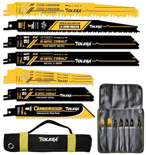 TOLESA 13tlg Säbelsägeblätter Set, für Holz, Holz mit Nägeln und Metall | Bimetall mit 8% Kobalt und Hartmetall, Blätter mit 10/14TPI, 6TPI und 18 TPI, bis zu 50% längere Lebensdauer, mit Tasche