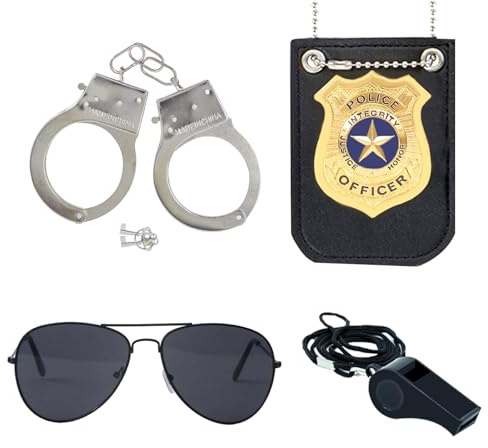 ZUCOS Polizei Kostüm für Kinder, Erwachsene, Polizist Handschellen Sonnenbrille Abzeichen Jungen Mädchen Karneval Detective Dress-ups Halloween-Kostüm (C, Medium)