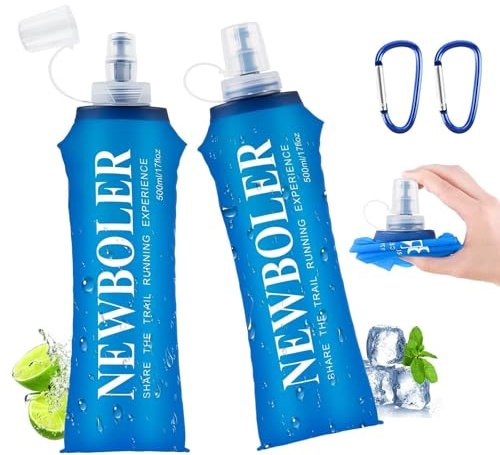 WuGU 2 Pcs Gourde Souple 500 ML, Bouteille d'eau Pliable Unisexe avec 2 Mousquetons, sans BPA, Flasque Running Réutilisable en TPU pour Course à Pied, Randonnée, Escalade