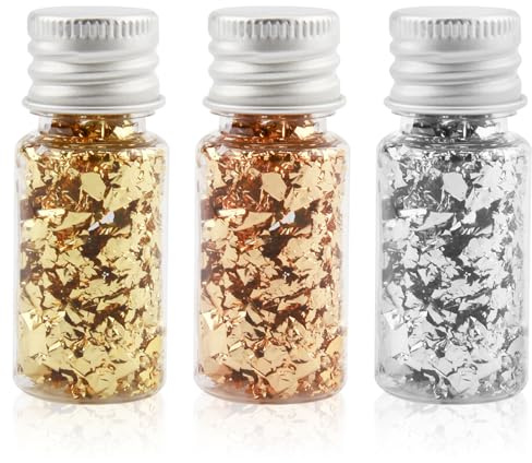 Set di tre bottiglie di fiocchi di foglie metalliche per doratura, colori oro, argento e oro rosa, ideali per artigianato, decorazione e gioielli in resina