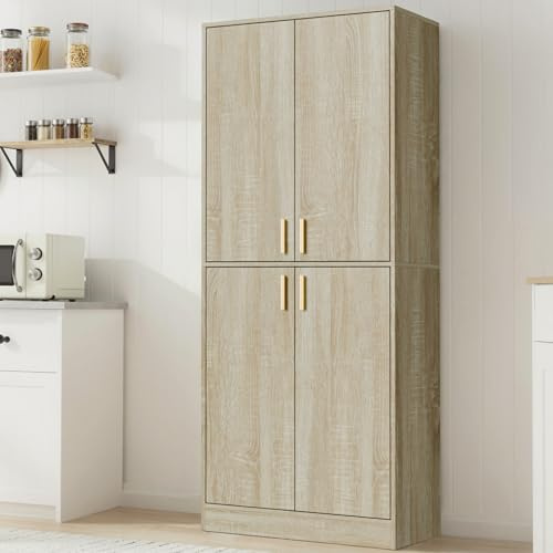 Cozy Castle Kitchen Pantry Cabinet, 71 Tall Wood Storage Cabinet with Doors and Shelves 4 Doors Freestanding Cupboard for Dining Room Living Room Bathroom Furniture, Whitewashed Oak