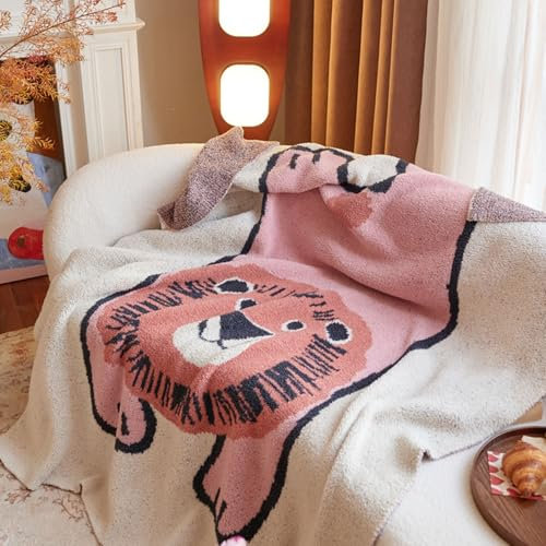 LDZDGD Strickdecke mit Löwen-Cartoon-Muster - Weiche Kuschelige Decke aus Polyester für Sofa und Bett - Leichte Dekorative Decke für Alle Jahreszeiten