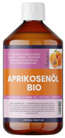 Olio di noccioli di albicocca biologico spremuto a freddo, 100% puro olio di base e massaggio per pelle, capelli e aromaterapia (1000 ml) – Umidità profonda – Nakobe