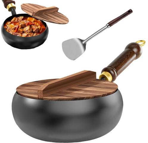 Japanische Eisenpfanne Mit Holzdeckel, 24cm/28cm Japanische Handgeschmiedete Antihaftbeschichtete Eisenpfanne, Edelstahlpfanne Unbeschichtete Für Natürliches Kochen, Gasherd Und Induktionsherd (28cm)