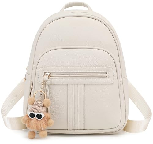 BAGOK Mini Rucksack Damen Klein – Eleganter Kunstleder Rucksack mit Steppoptik, Plüschanhänger & Quaste – Für Frauen & Mädchen im Alltag & auf Reisen(Cremefarben)