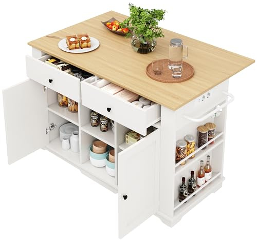 Senmate Isola Cucina Mobile con Prese Elettriche Integrate, Carrello Multifunzione con Tavolo Pieghevole 84cm, 6 Ripiani Regolabili + 2 Cassetti, Rotelle con Freni (Bianco+Naturale)