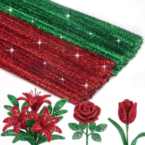 Caydo 200 Stück glitzernde rote & grüne Pfeifenreiniger, dicke flauschige Chenille-Stiele, Pfeifenreiniger, Basteln für Kunst und Handwerk, perfekt für die Herstellung von Tieren, Blumen