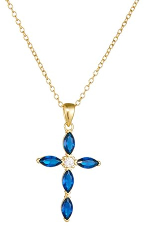 Tolldek 750 Gelbgold Damen Halsketten, Kreuz Damenkette Anhänger mit Labor Erstellt Saphir Marquiseschliff Blau, 18K Gold Kette Frauen Echt Schmuck, 40+5
