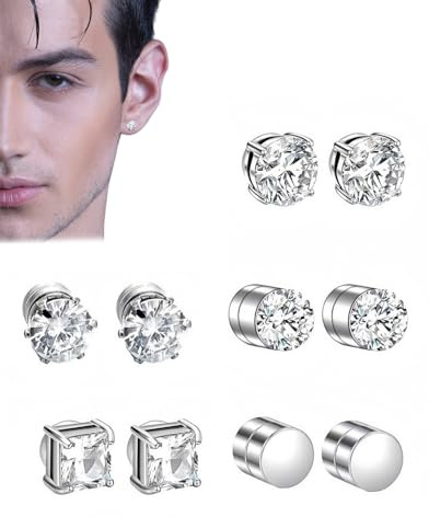 JUKOTA 5 Pares Pendientes Magnéticos,Sin Necesidad de Perforar,6Mm Pendientes de Imán para Hombre y Mujer,Pendiente Redondos y Cuadrados para Hombre(Plata)