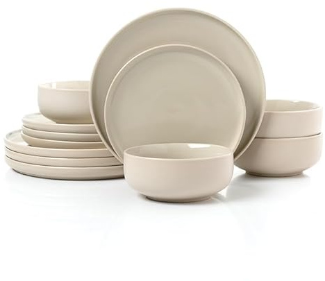 Waterside 12pc Premium Stone & Cream Coupe Stoneware Dinner Set; 4 Dinner Plates, Side Plates & Deep Bowls - Dishwasher & Microwave Safe - Matt & Shiny Effect