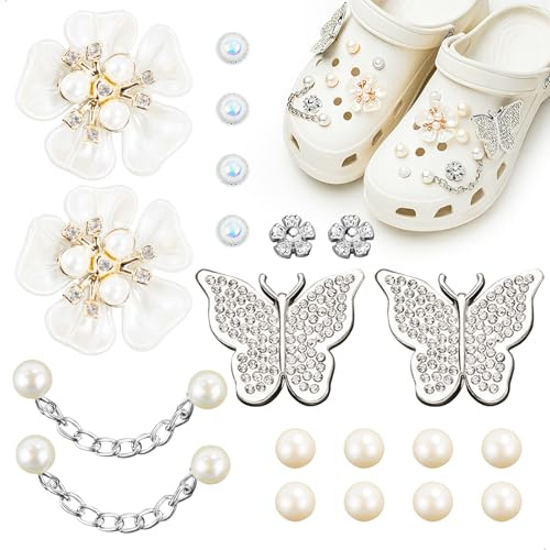 20 Stück Crocs Charms, Anstecker Crocs Schmetterlinge Set, Croc Anstecker mit Perlenkette, crocss Pins Abnehmbar, Perle Blumen Schuhanhänger, croc Stecker für Erwachsene Mädchen Frauen