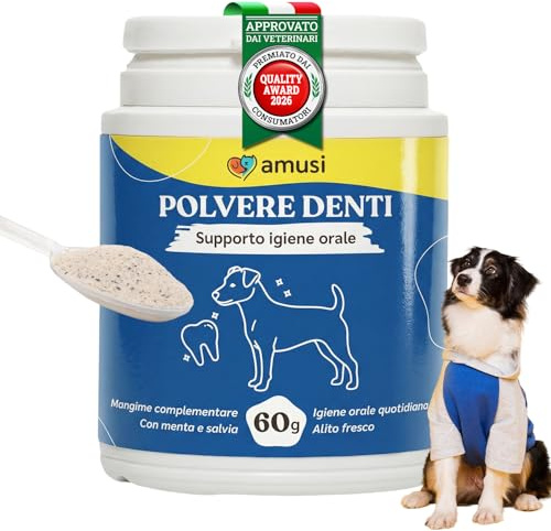 amusi Dentifricio per Cani in Polvere 60 g con Ascophyllum Nodosum e Menta - Mangime Complementare per la Pulizia Denti Cane e l’Alito Fresco - Polvere Denti Cane Naturale per l’Igiene Orale