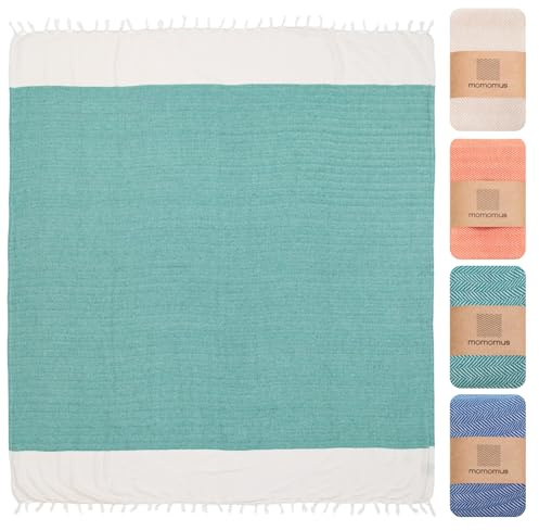 MOMOMUS Serviette de Plage XXL Fouta 200x220 cm, 100% Coton, Vert d’Eau | Fouta XXL de 4,40 m² pour s’étendre et partager; drap de plage souple, le sable sec se retire en secouant, pour pique-nique.