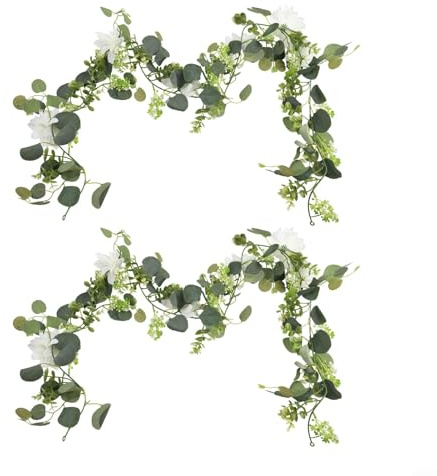 Lapiglo Guirnalda artificial blanca de dalia y eucalipto, paquete de 2 unidades de 12 pies, flores de seda realistas para decoración del hogar y boda