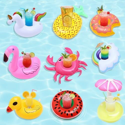 YAEGIMHT Inflatable Drink Holders, 9 Pcs Floating Drink Holder Set Animal Fruit Hot Tub Drinks Holders, Inflatable Cup Holder for Swimming Pool Hawaii Parties Beach Bathing