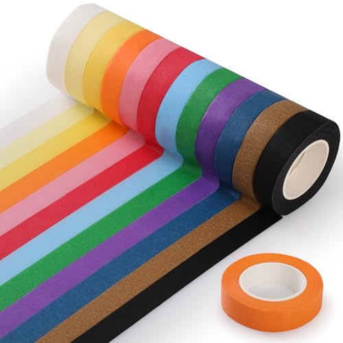 Simpeak Cinta De Carrocero 12 Colores, Cinta Masking de Papel 15mm x 13m por Rollo, Cintas Adhesiva Despegable Sin Residuos para pintar y enmascarar, Manualidades Infantiles, Etiquetado y Decoración