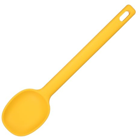 sourcing map Silicone Nonstick Mixing Spoon, 11 Heat Resistant Non-Stick Cooking Spoon Long Handle Flexible Spatula Kitchen Baking Tool for Stirring Ladling Serving Food, Yellow