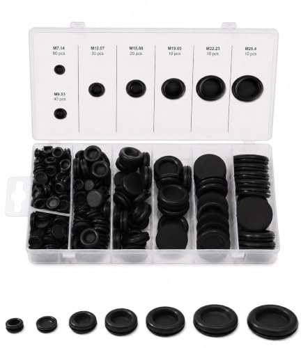 Vexnaro 200 Piezas Pasacables de Goma, Pasamuros y Tapones de Goma en 7 Tamaños, Surtido de Ojales y Arandelas para Protección de Cables, Enchufes, Agujeros, Automóvil, Moto, Taller y DIY (200, Negro)