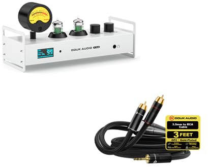 Douk Audio P1 Plus e set di cavi RCA Premium: preamplificatore a valvole con LDAC/APTX e VU meter + cavi RCA 6N-OFC | Amplificatore per cuffie HiFi e DAC USB per PC, TV e home cinema